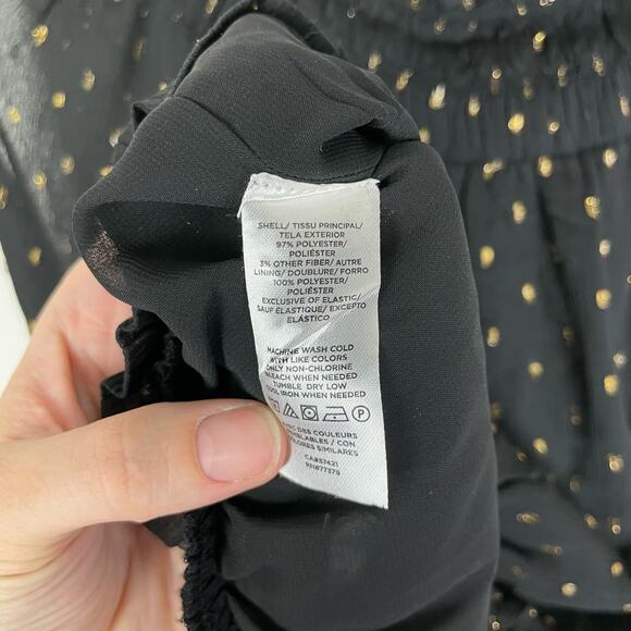 Ann Taylor | Black Chiffon Metallic Clip Smocked Ruffle Neck Top Career Blouse - Picture 13 of 13